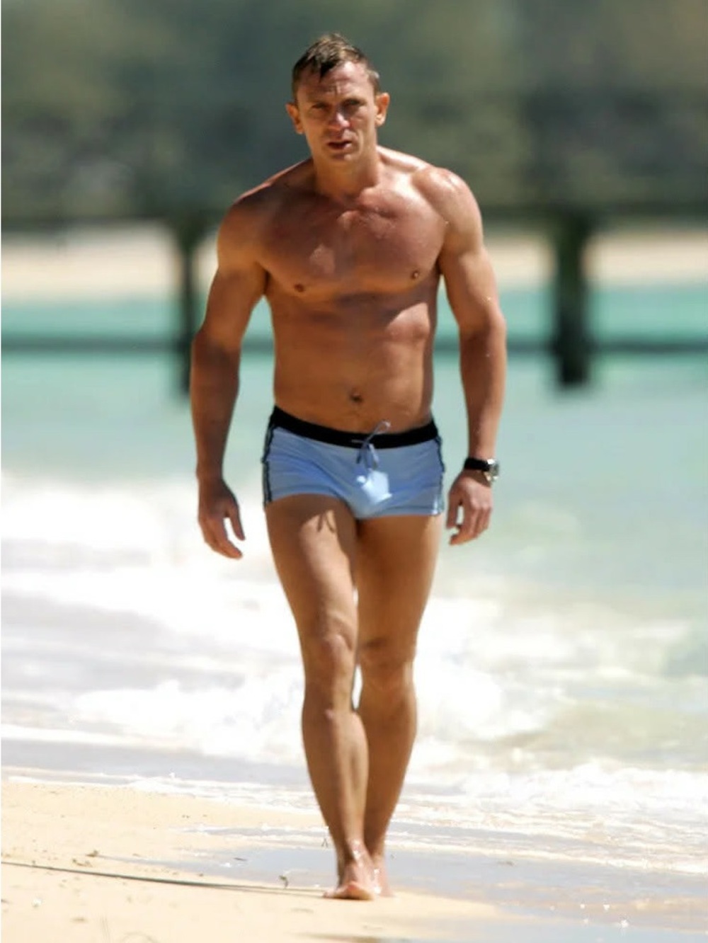 Light Blue Men's Swim Trunks with Black Waist Trim - Picture 2 of 13